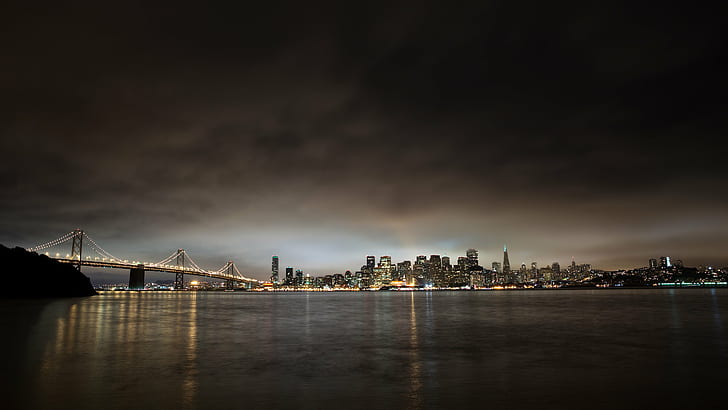 картина на градския пейзаж Бруклинският мост през нощта, Сан Франциско, Сан Франциско, Сан Франциско, градски пейзаж, картина, Бруклинският мост, нощно време, SF, град, пейзаж, Бейбридж, вода, залив, f / 2, силует, longexposure, изследване, HD тапет
