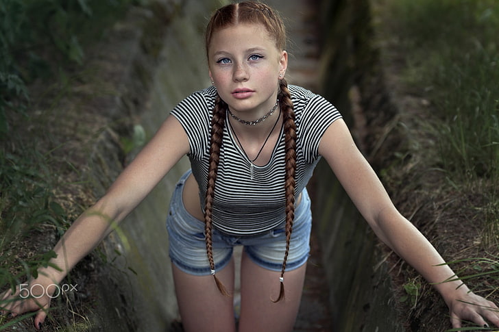 women's white and black striped t-shirt, women, redhead, jean shorts, portrait, braids, striped clothing, freckles, 500px, pigtails, HD wallpaper