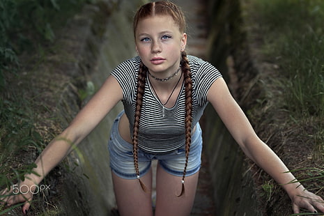 women's white and black striped t-shirt, women, redhead, jean shorts, portrait, braids, striped clothing, freckles, 500px, pigtails, HD wallpaper HD wallpaper