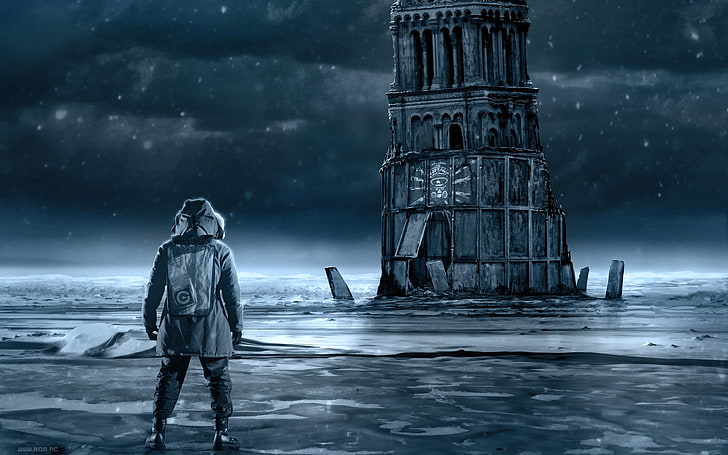 man standing near gray concrete building video game screenshot, Romantically Apocalyptic , Vitaly S Alexius, HD wallpaper