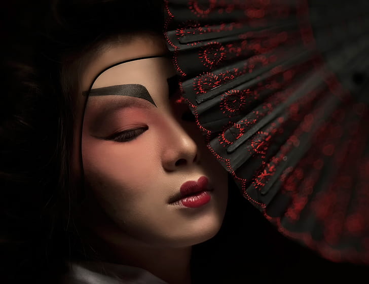 makeup, kipas, Geisha Mask, Wallpaper HD
