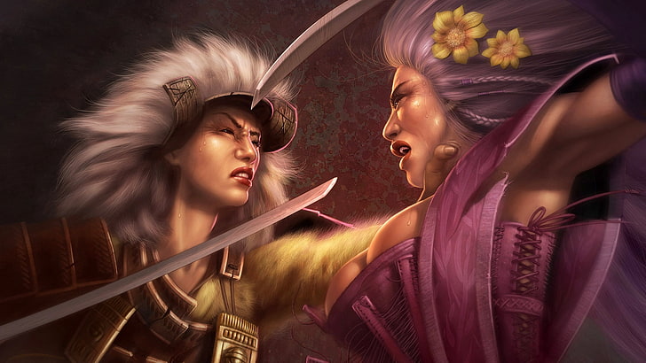 two samurai pointing katana illustration, battle, women, duel, swords, HD wallpaper