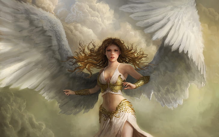 obra de arte, arte de fantasia, mulheres, garota de fantasia, anjo, asas, ruiva, cabelos longos, HD papel de parede
