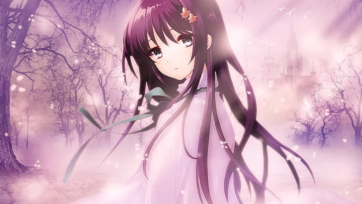 Anime, Anime Girls, offener Mund, Augen, Flyable Heart, Shirasagi Mayuri, Kirschblüte, langes Haar, schwarzes Haar, japanische Kleidung, HD-Hintergrundbild