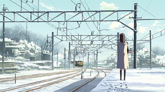 karakter kartun wanita di ilustrasi stasiun kereta api, Makoto Shinkai, anime, 5 Sentimeter Per Detik, Wallpaper HD HD wallpaper