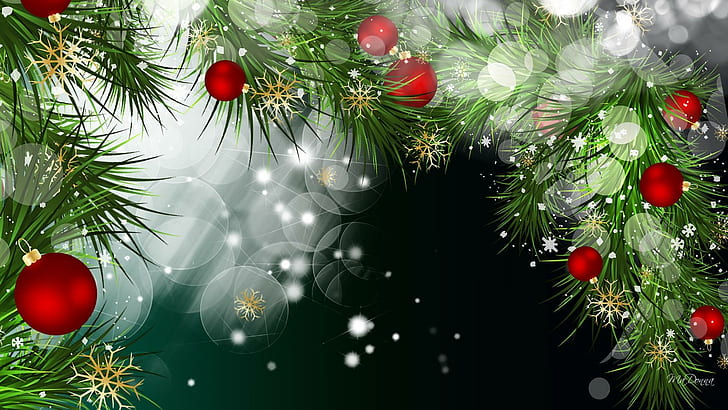 Natal Terang Terbaik, dekorasi, bola, natal, cerah, feliz navidad, hijau, berkilau, cemara, salju, bokeh, xmas, Wallpaper HD