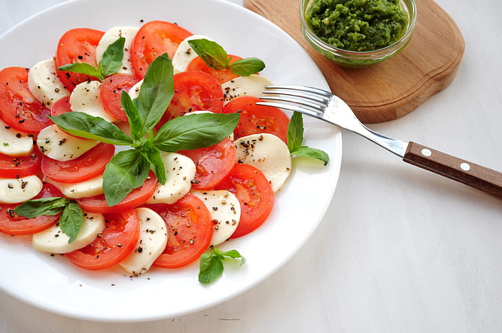 tomato, salad, Basil, mozzarella, HD wallpaper