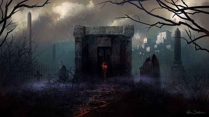 cmentarz, gotyk, świat fantasy, malarstwo, horror, mroczny motyw, mgła, fantasy, Tapety HD