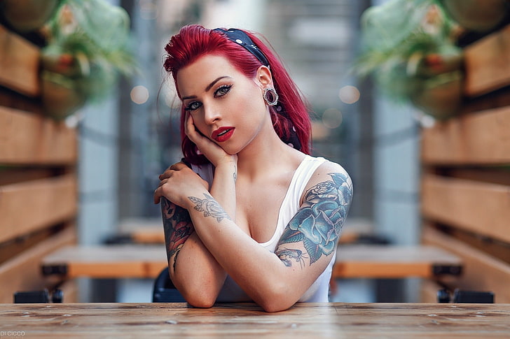 wanita, potret, tato, berambut merah, kedalaman bidang, Alessandro Di Cicco, Wallpaper HD