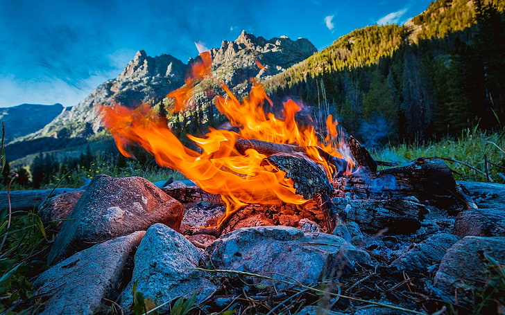 Natur, Feuer, Bäume, Wald, Stein, Steine, Berge, HD-Hintergrundbild