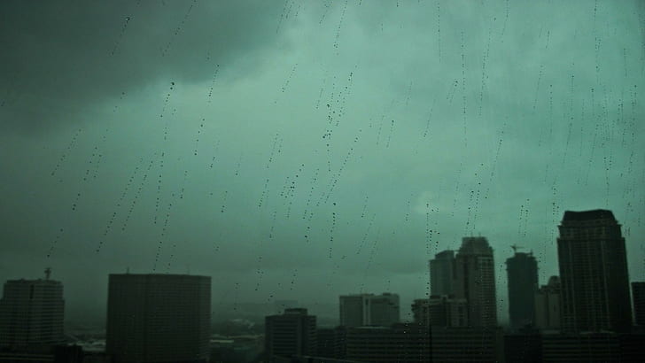 cityscape, rain, clouds, water drops, green, HD wallpaper