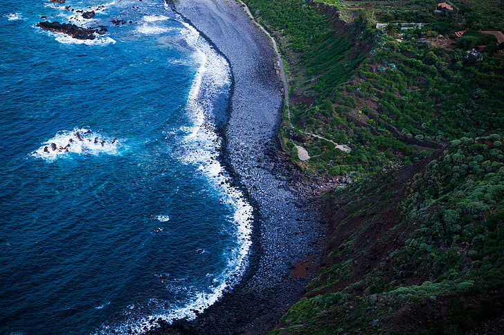 Luftbild der Insel, Meer, Ufer, Schaum, Brandung, HD-Hintergrundbild