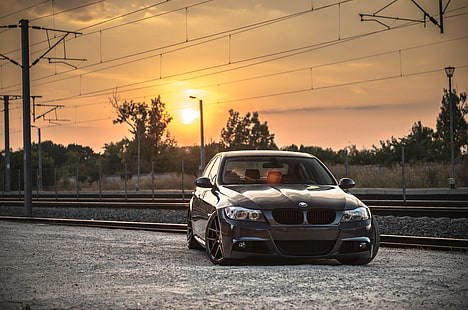 svart BMW 3-serie, Sunset, BMW, Tuning, Railroad, Drives, E90, Deep Concave, HD tapet HD wallpaper