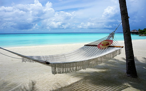 tropical, hammocks, clouds, beach, sand, trees, island, summer, nature, vacation, Maldives, landscape, sea, HD wallpaper HD wallpaper