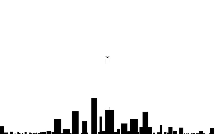 черно-бяла текстова илюстрация, проста, минимализъм, град, силует, лого на Батман, HD тапет