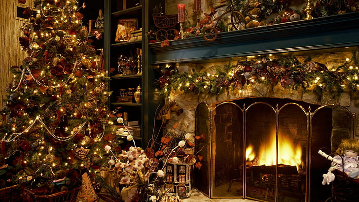 Christmas tree next to the fireplace, christmas decor lot, holidays, 1920x1080, tree, christmas, merry christmas, fireplace, HD wallpaper