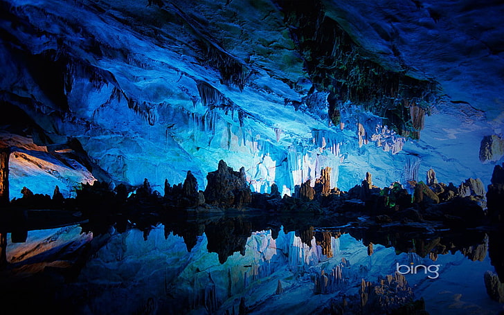 Пещеры, Пещера Рид Флейта, Голубой, Пещера, Земля, Природа, Отражение, HD обои