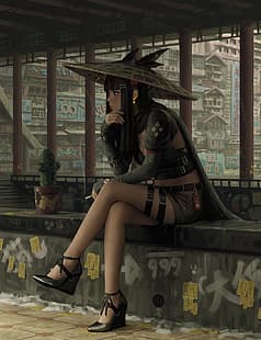 GUWEIZ, arte de fantasía, oriental, piernas cruzadas, sombrero, cactus, Fondo de pantalla HD HD wallpaper