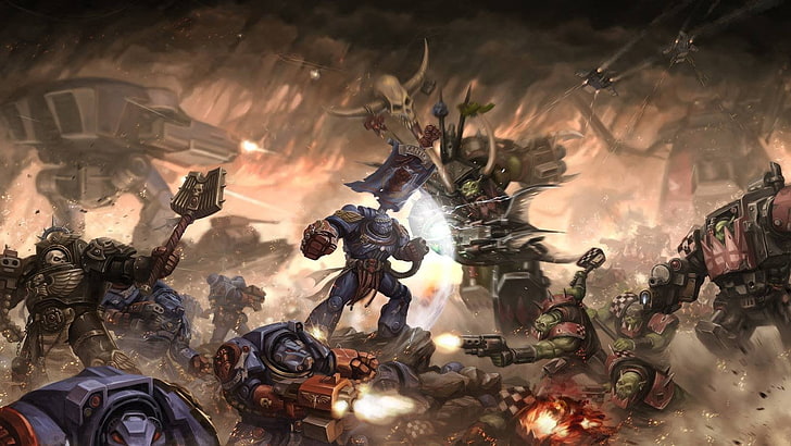 Tapeta cyfrowa Warcraft, bitwa, Warhammer 40,000, ork, kosmiczni marines, mech, Tapety HD