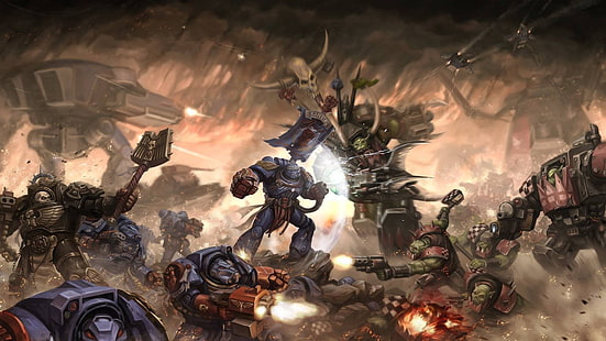 Дигитален тапет на Warcraft, битка, Warhammer 40 000, орк, космически морски пехотинци, мех, HD тапет HD wallpaper