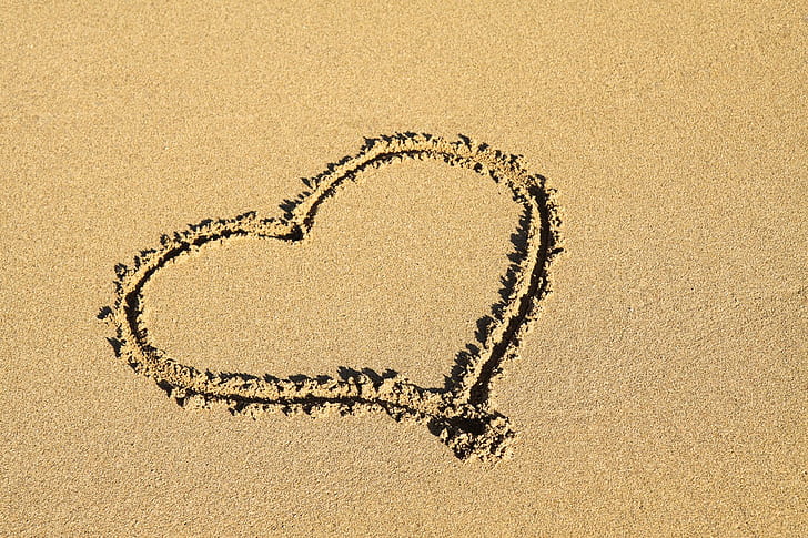 playa, costa, corazón, amor, romance, romántico, arena, mar, formas, orilla, símbolos, Fondo de pantalla HD