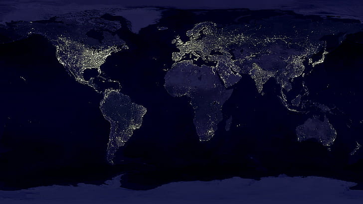 energía eléctrica, mapa, luces, noche, globos, mundo, espacio, mapa mundial, Fondo de pantalla HD