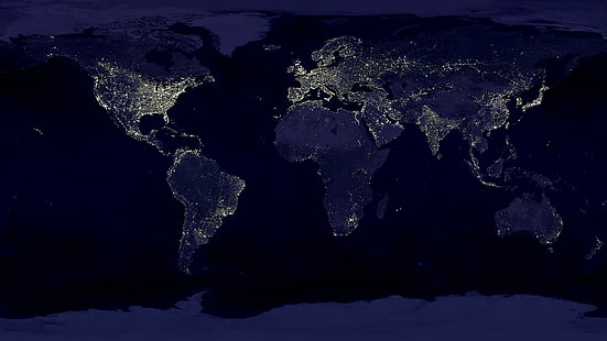 energía eléctrica, mapa, luces, noche, globos, mundo, espacio, mapa mundial, Fondo de pantalla HD HD wallpaper