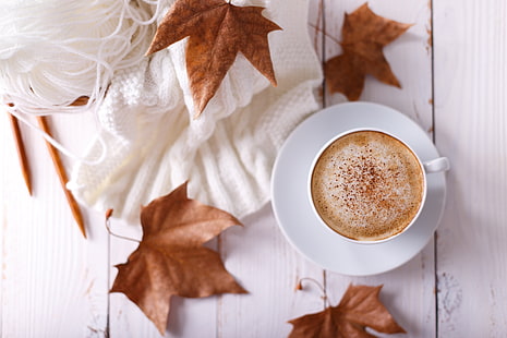 autunno, foglie, sfondo, colorato, sciarpa, legno, coppa, caffè, una tazza di caffè, acero, Sfondo HD HD wallpaper