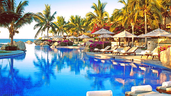 brown resort lounges, swimming pool, palm trees, rock, hotel, HD wallpaper HD wallpaper
