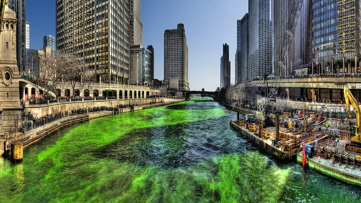 fiume in città sfondo digitale, paesaggio urbano, città, HDR, edificio, Chicago, Sfondo HD