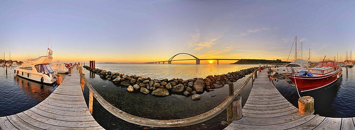 panoramic photography of wood dock during golden hour, landscape, fisheye lens, rock, beach, boat, bridge, HD wallpaper