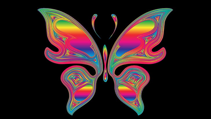 пеперуда, неоново изкуство, неон, многоцветно, многоцветно, цветно, симетрия, крило, изкуство, графика, графичен дизайн, HD тапет