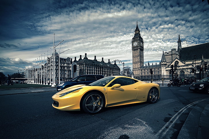 carro esporte amarelo, Londres, Ferrari, Amarelo, Itália, 458, Big Ben, Italia, HD papel de parede