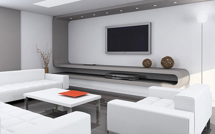 серый телевизор с плоским экраном и прямоугольный белый журнальный столик, интерьер, комната, диван, телевизор, стиль, модерн, HD обои