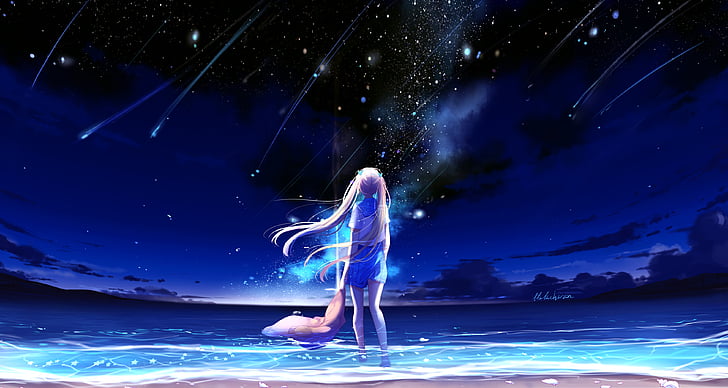 하늘에 유성우 아래 해변에 서있는 여자, 애니메이션 소녀, 밤, 바다, 해변, 파랑, 4K, HD 배경 화면