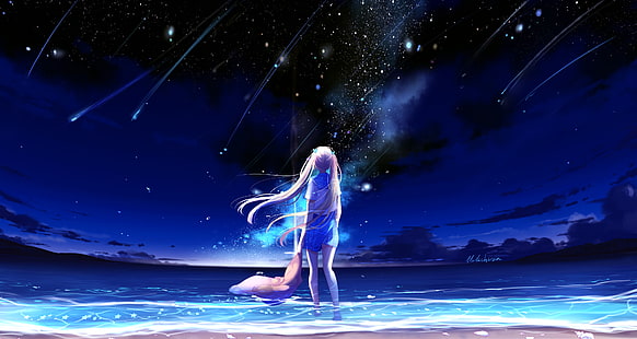 หญิงสาวยืนอยู่บนชายหาดภายใต้ฝนดาวตกบนท้องฟ้า, สาวการ์ตูน, กลางคืน, ทะเล, ชายหาด, สีน้ำเงิน, 4K, วอลล์เปเปอร์ HD HD wallpaper