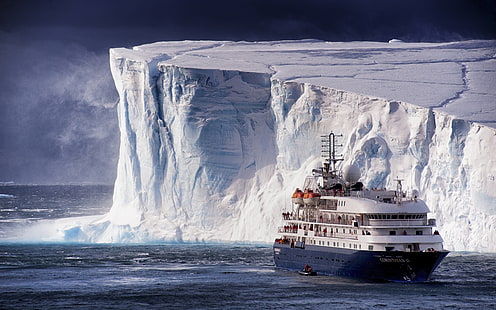edificio de hormigón blanco y negro, barco, iceberg, mar, Fondo de pantalla HD HD wallpaper