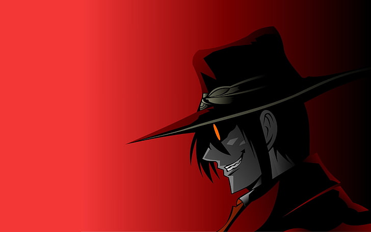 black haired male anime character illustration, Hellsing, Alucard, red background, HD wallpaper