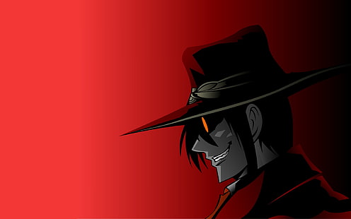 Ilustração de personagem de anime masculino de cabelo preto, Hellsing, Alucard, fundo vermelho, HD papel de parede HD wallpaper