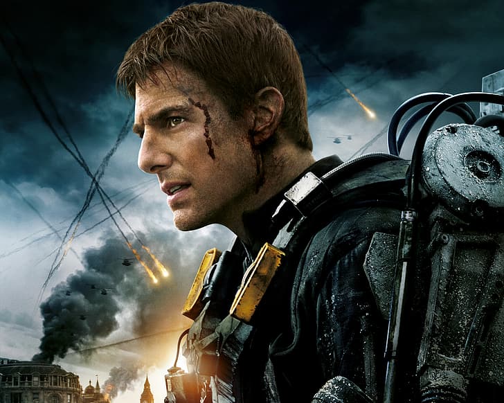 Action, Fantasy, Sky, Darkness, Men, Edge, Helicopter, Building, Tom Cruise, Year, Face, Cloud, Movie, Bill, Film, 2014, Adventure, Armor, Sci-Fi, Warner Bros. Pictures, Planes, Col., Edge of Tomorrow, Lt., Tomorrow, Cage, Blood, Bombing, Smoke Fire, Village Roadshow Pictures, EOT, HD wallpaper