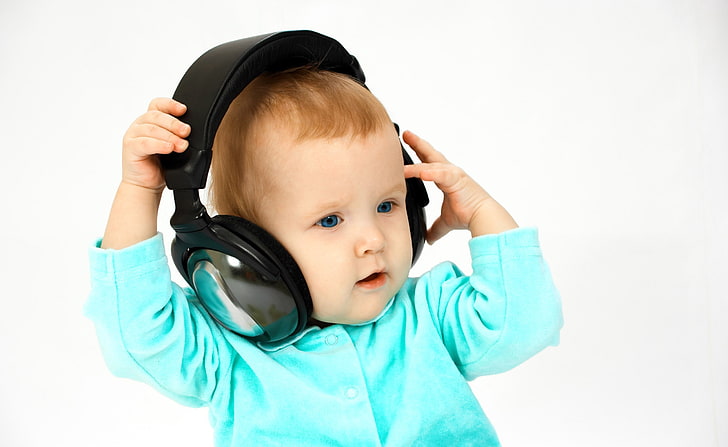 DJ bebê, fones de ouvido pretos, fofo, bebê, música, HD papel de parede