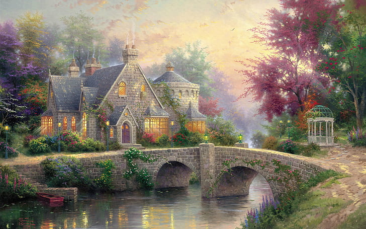 Lamplight имение, художествена живопис, къща, мост, река, лампи, дървета, здрач, Lamplight, имение, изкуство, живопис, къща, мост, река, лампи, дървета, здрач, HD тапет