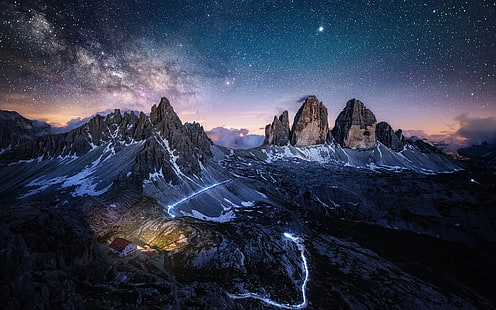 небо, звёзды, горы, ночь, скалы, альпы, млечный путь, HD обои HD wallpaper