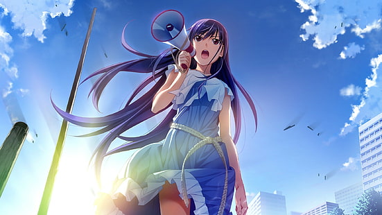 фиолетовые волосы, Сакаки Юмико, аниме девушки, небо, аниме, Grisaia no Kajitsu, город, HD обои HD wallpaper