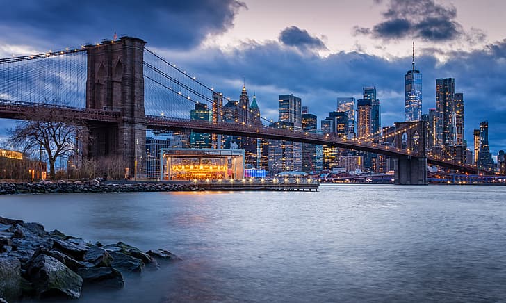 jembatan, kota, bangunan, rumah, New York, malam, Brooklyn, penerangan, Teluk, AS, gedung pencakar langit, Wallpaper HD
