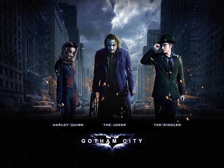 DC Gotham City цифровые обои, Бэтмен, Gotham City, Джокер, город, кино, Хит Леджер, Дэвид Теннант, Харли Куинн, Риддлер, HD обои