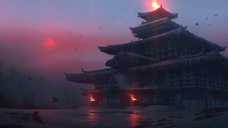 Asian architecture, fire, evening, temple, red sun, birds, snow, winter, Japan, Quentin BOUILLOUD, artwork, digital art, HD wallpaper