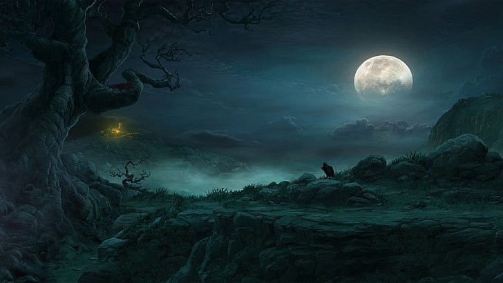 fondo de pantalla de luna llena, noche, Luna, Diablo III, Diablo, arte de fantasía, videojuegos, Fondo de pantalla HD