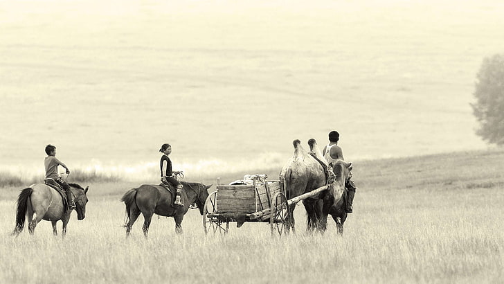 bayan ovoo, camel wagon, family, horses, landscape, mongolia, steppe, HD wallpaper