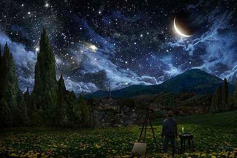 man beside canvas with view of flower field under starry sky painting, Vincent van Gogh, starry night, The Starry Night, artwork, HD wallpaper HD wallpaper